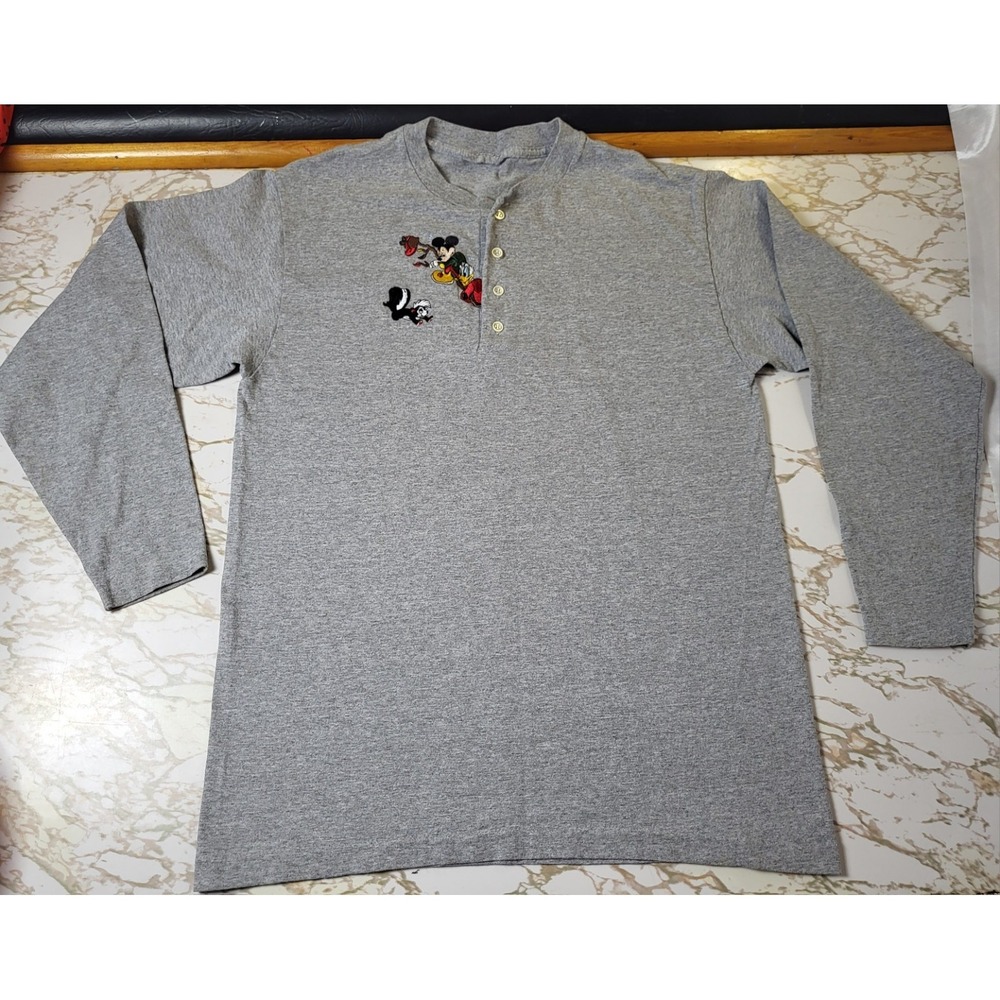 Vintage Disney Character Embroidery Henley Long Sleeve Shirt Gray Size Medium